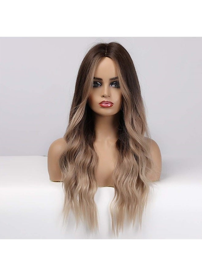 Esmee باروكة شقراء أومبري بطول 20 بوصة مع غرة، باروكات صناعية طويلة ومجعدة للنساء، جذور بنية وشعر شقراء - Image 2