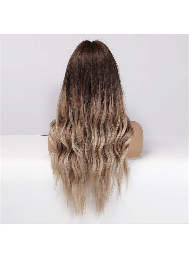 Esmee باروكة شقراء أومبري بطول 20 بوصة مع غرة، باروكات صناعية طويلة ومجعدة للنساء، جذور بنية وشعر شقراء - Image 4