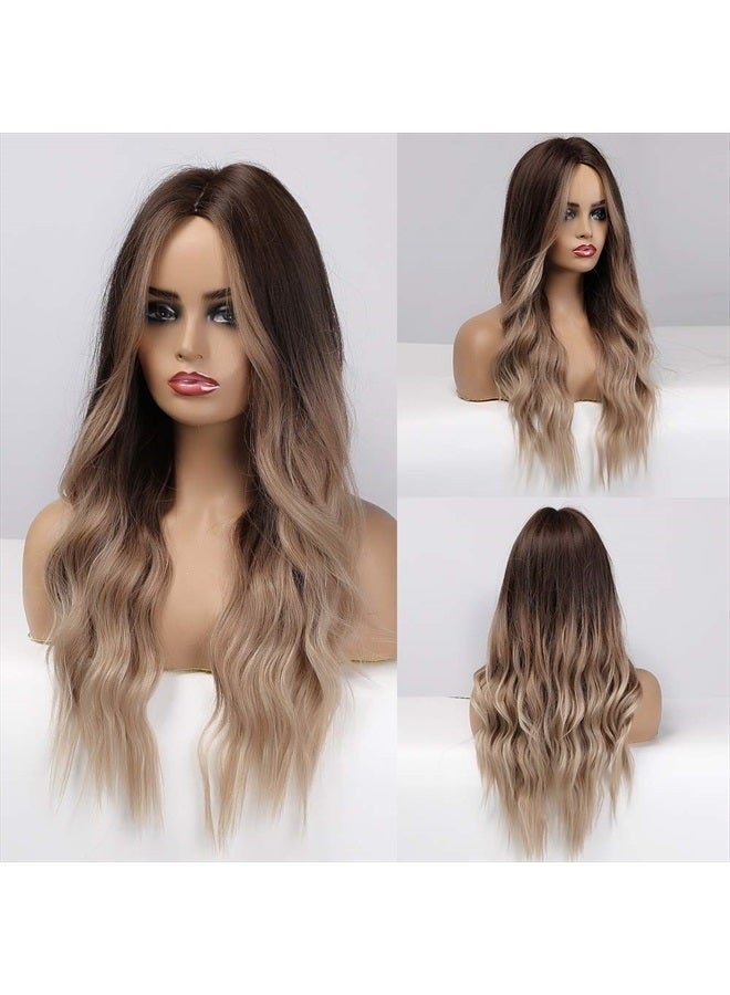 Esmee باروكة شقراء أومبري بطول 20 بوصة مع غرة، باروكات صناعية طويلة ومجعدة للنساء، جذور بنية وشعر شقراء - Image 5