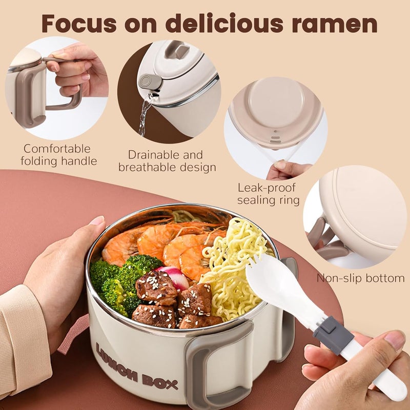 Roucerlin Microwave Ramen Bowl with Lid and Handle 405 Oz Stainless Steel Liner Microwavable Soup Noodle Bowls Instant Ramen Cooker Microwave Container for Office College Dorm Beige - Image 3