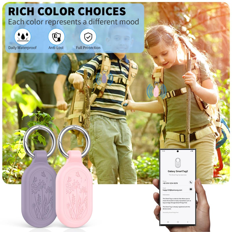 TUDIOW 2 Pack for Samsung Galaxy SmartTag2 Case, TUDIOW Waterproof Full Protective Silicone Case Anti-Lost Scratch Resistant Protective Cover for Smart tag2 for Keys Pets Luggage Wallet (Pink&Purple) - Image 4