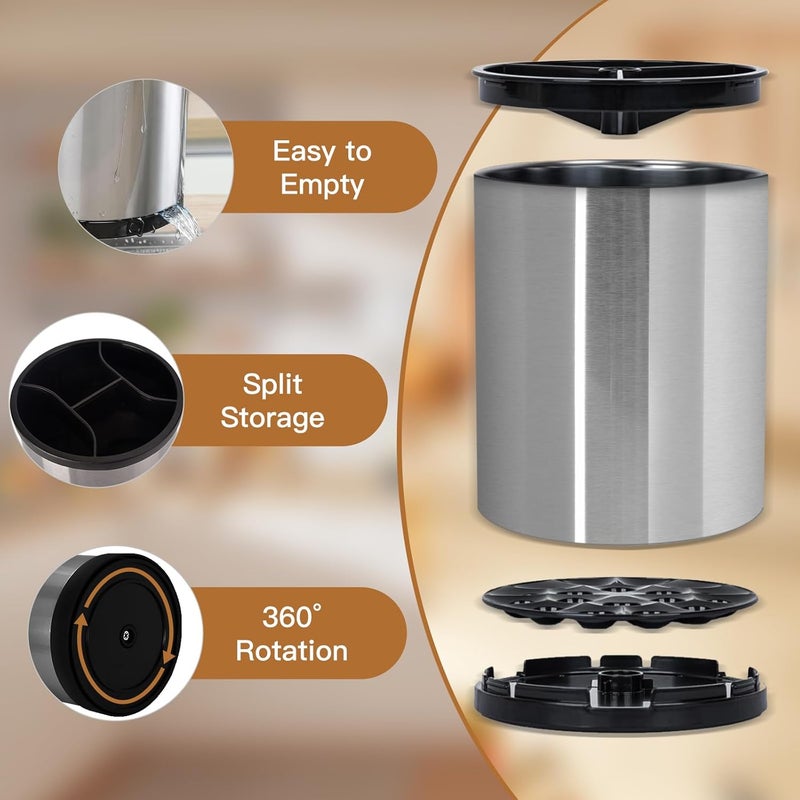 Cable Leader Kitchen Utensils Pot 360° Swivel, Utensil Holder with 4 Compartments, Large Storage Utensils in Stainless Steel, with Drainage Base, Black, 17 x 12 x 12 cm - Image 3