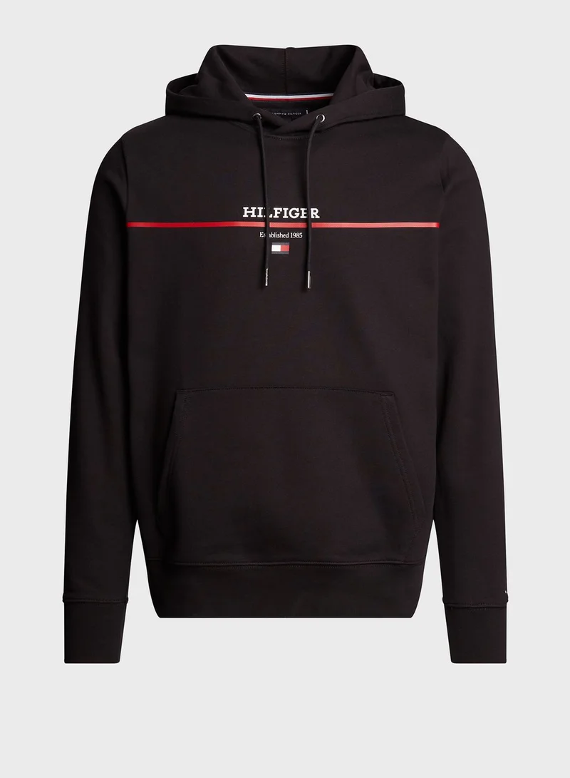 TOMMY HILFIGER Logo Striped Terry Drawstring Hoodie