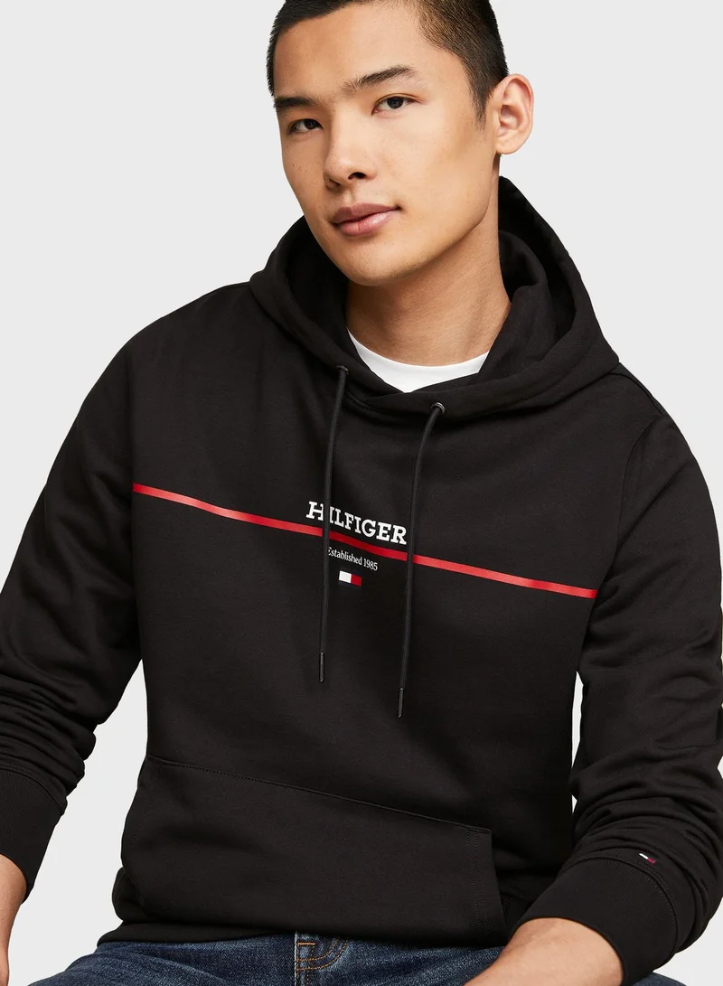 TOMMY HILFIGER Logo Striped Terry Drawstring Hoodie