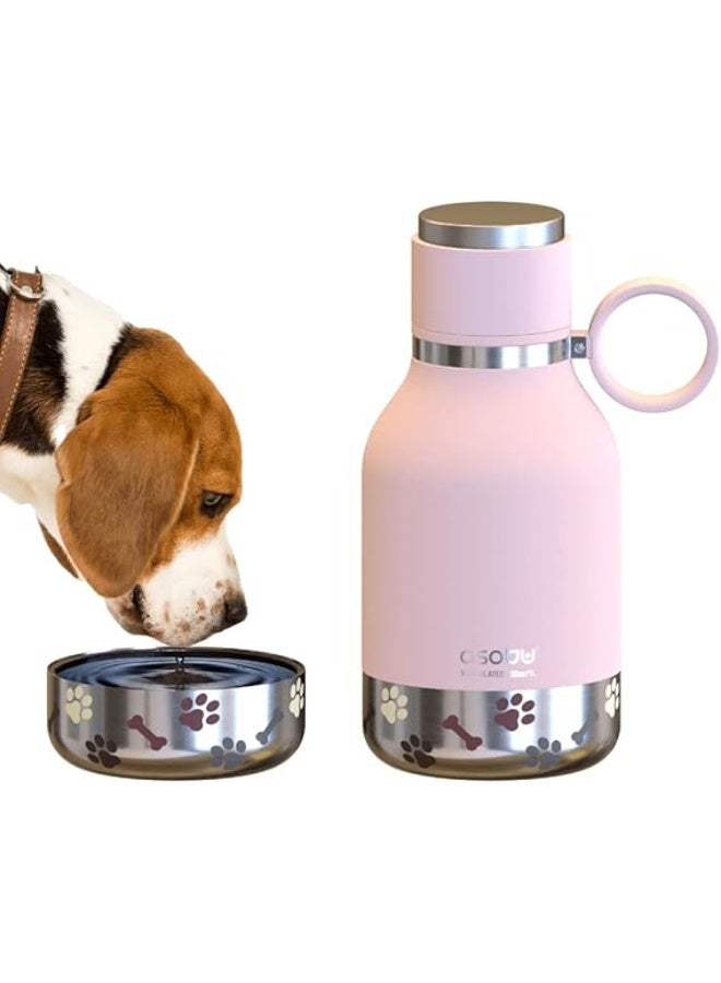 أسوبو زجاجة ماء عازلة من الستانلس ستيل مع وعاء مرفق للكلاب من أسوبو سعة 1 لتر – لون وردي للسفر لك ولحيوانك الأليف - Image 1