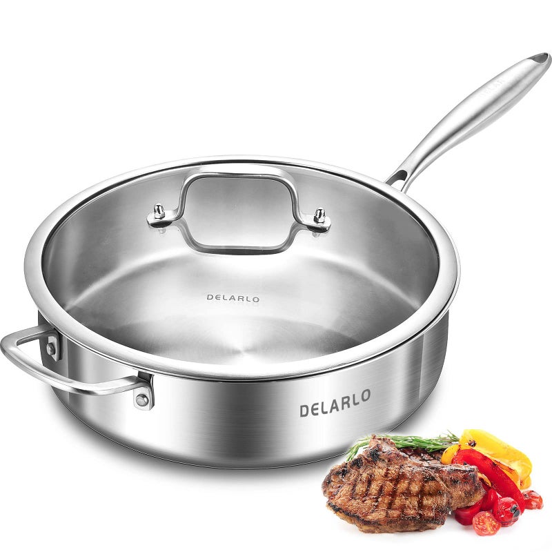 DELARLO Whole Body TriPly Stainless Steel Saut Pan with lid 6 Quarts Saute Pan 12 Inch Deep Frying Pan Large Skillet Cooking Pan Induction Compatible Chef Pan Dishwasher  Oven Safe