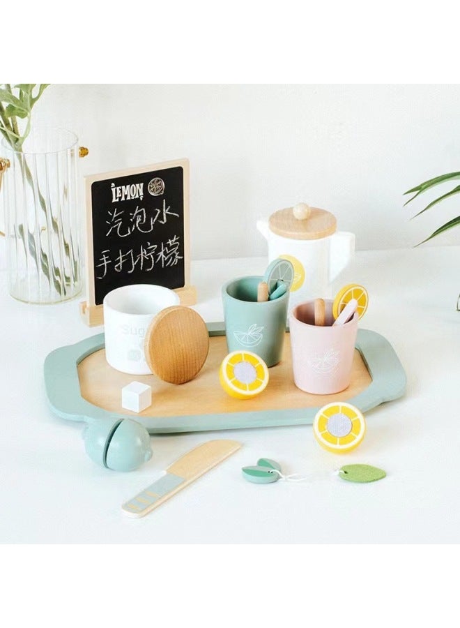 Wooden Tea Set Simulation Ice Cream Shop Role Play Kitchen Toy For Boys And Girls Children's Wooden Toys Intelligent Development-Color:Lemon Tea Tea Set - Image 1