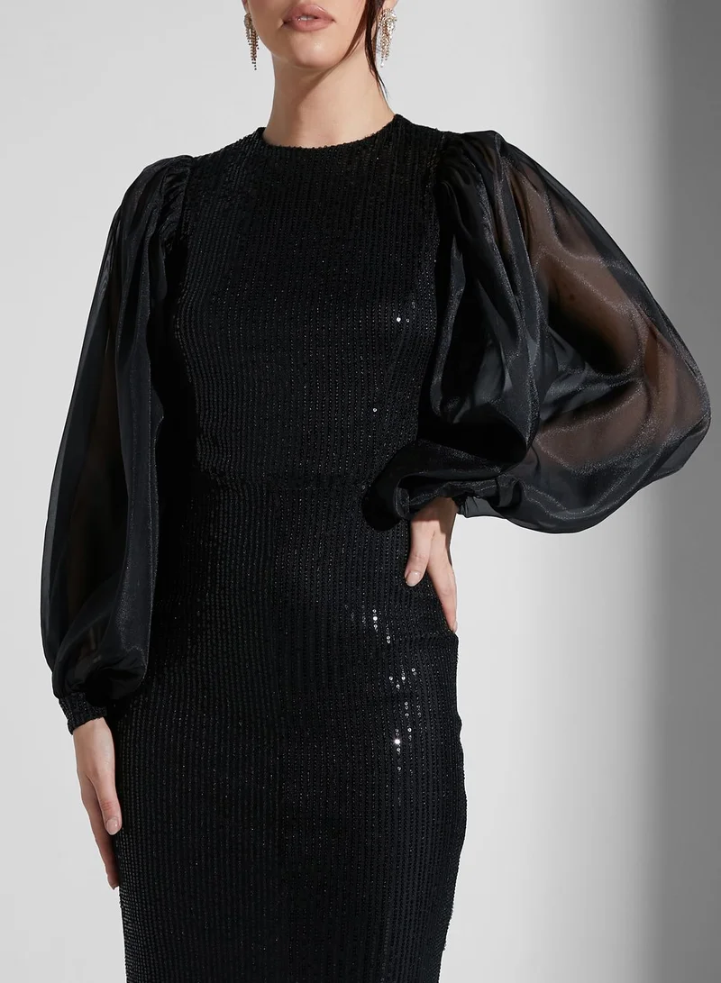 Ella Limited Edition Sheer Puff Sleeve Shimmer Dress