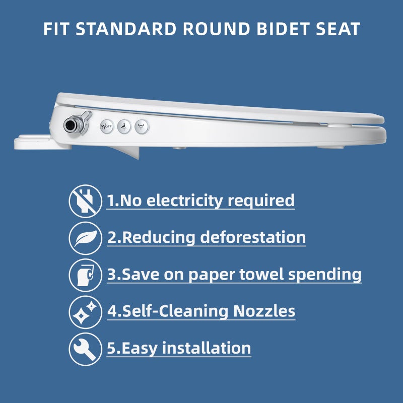 Clirass Bidet Toilet Seat, Soft Close Round Toilet Seat, Button control Feminine/Posterior Wash Switch, Knob Control Water Pressure,White Bidet Seat Attachment with Brass inlet - Image 4