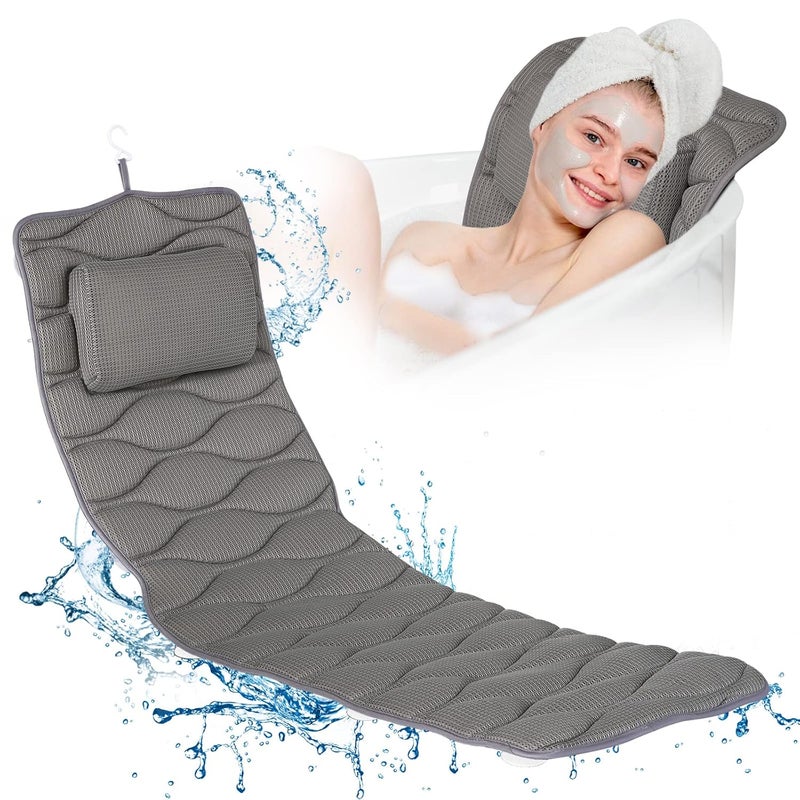 OMYSTYLE OMYSTYLE Full Body Bath Pillow, Bath Pillows for tub with Mesh Washing Bag & 21 Non-Slip Suction Cups, Spa Bathtub for Head Neck Shoulder and Back Support - 5D Air Mesh & Quick Drying | Gray 