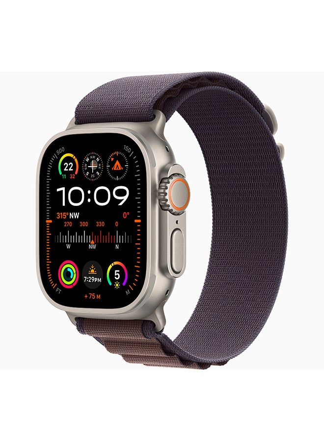 ابل  ساعة Ultra 2 GPS + Cellular، هيكل من التيتانيوم مقاس 49 مم مع حزام صغير (يناسب معصم مقاس 130-160 مم) بحلقة Indigo Alpine Loop - Image 1