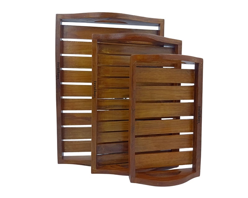 FernHaus Wooden Handcrafted Serving Trays, Unique Round Handle, Large, Medium & Small, Pure Teak Wood, Modern & Stylish Design, for Serving Tea, Cofee, Water, Snacks etc. - Image 2