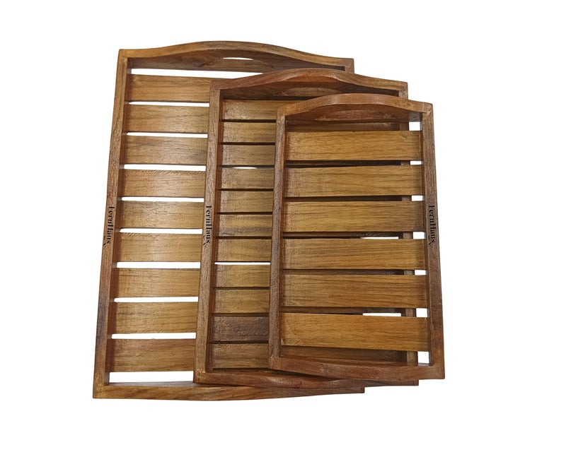 FernHaus Wooden Handcrafted Serving Trays, Unique Round Handle, Large, Medium & Small, Pure Teak Wood, Modern & Stylish Design, for Serving Tea, Cofee, Water, Snacks etc. - Image 3