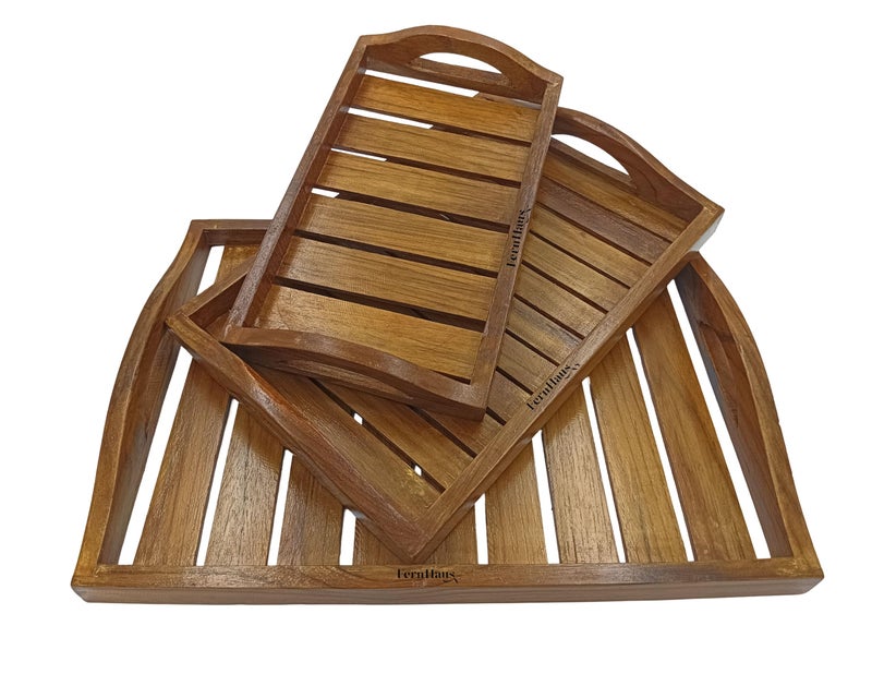 FernHaus Wooden Handcrafted Serving Trays, Unique Round Handle, Large, Medium & Small, Pure Teak Wood, Modern & Stylish Design, for Serving Tea, Cofee, Water, Snacks etc. - Image 1