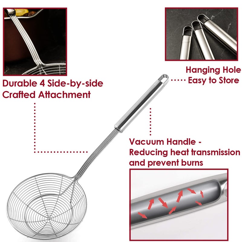 KEISSCO Stainless Steel Spider Strainer Skimmer Spoon For Frying and Cooking - Set of 3 Solid Wire Asian Strainer Ladle Pasta Strainer with Long Handle, Professional Kitchen Skimmer Ladle - Image 5