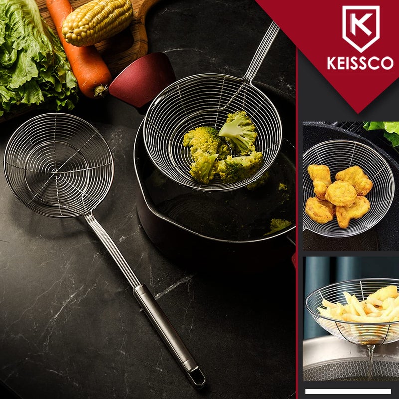 KEISSCO Stainless Steel Spider Strainer Skimmer Spoon For Frying and Cooking - Set of 3 Solid Wire Asian Strainer Ladle Pasta Strainer with Long Handle, Professional Kitchen Skimmer Ladle - Image 2