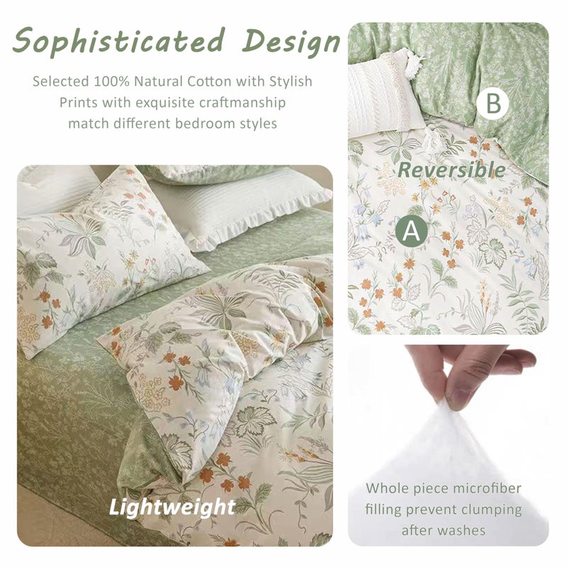 ALEISSEL Natural Cotton 3pcs Botanical Comforter Sets Queen Size-Green Comforter with Red & Blue Flowers,Gray Leaves on Off-White, Reversible Lightweight Bedding Sets(Full/Queen) - Image 3