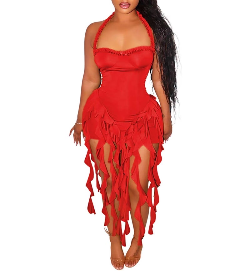 Aro Lora Womens Sexy Halter Neck Sleeveless Ruffle Tassel Party Club Bodycon Mini Dress Small Red - Image 1