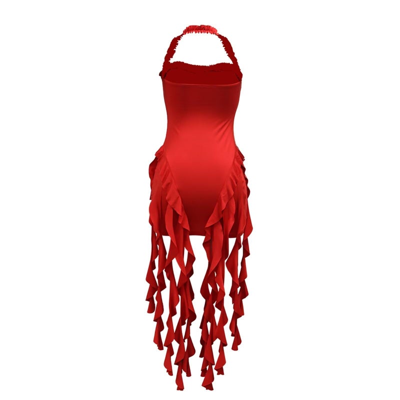 Aro Lora Womens Sexy Halter Neck Sleeveless Ruffle Tassel Party Club Bodycon Mini Dress Small Red - Image 4