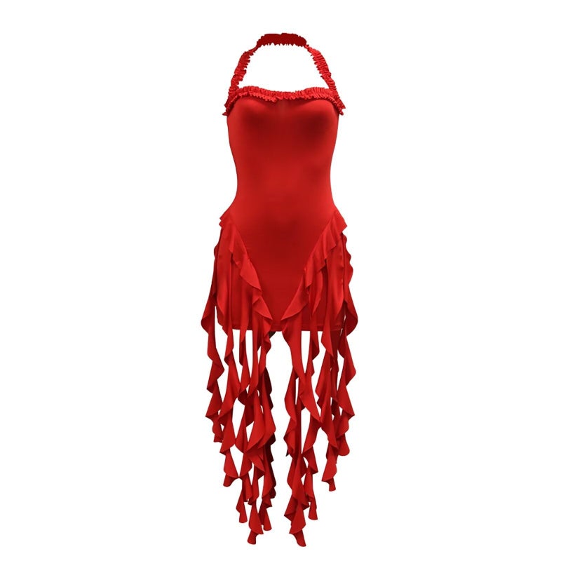Aro Lora Womens Sexy Halter Neck Sleeveless Ruffle Tassel Party Club Bodycon Mini Dress Small Red - Image 2