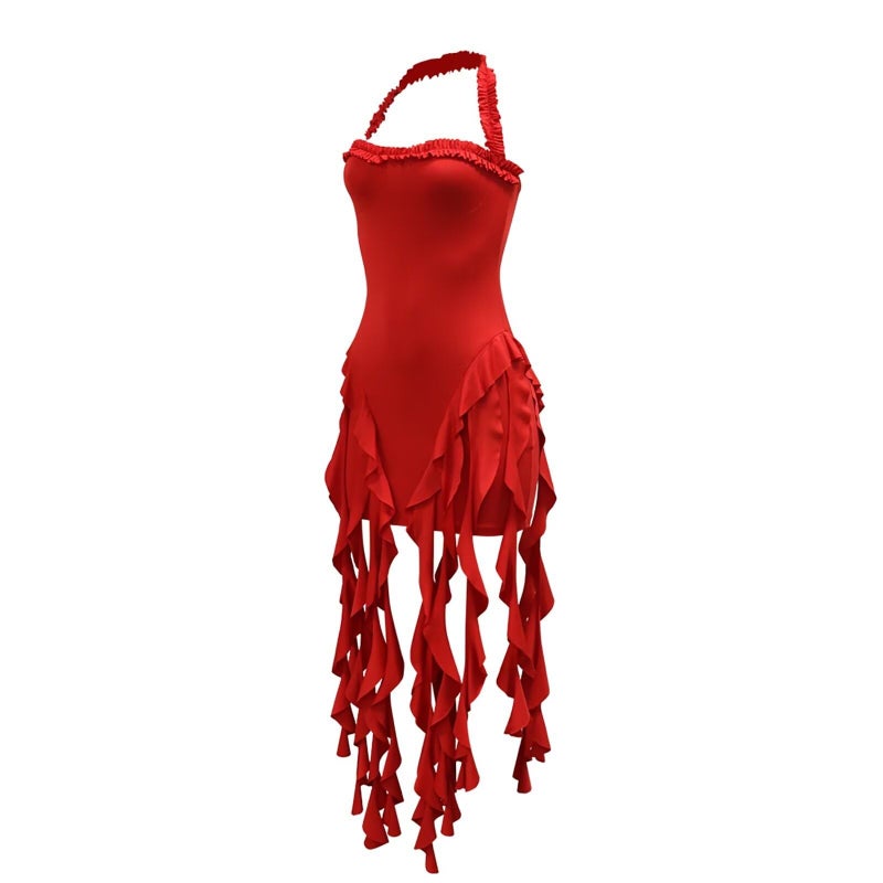 Aro Lora Womens Sexy Halter Neck Sleeveless Ruffle Tassel Party Club Bodycon Mini Dress Small Red - Image 3