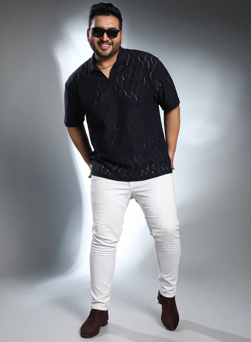 Instafab Plus Instafab Plus Men's Navy Blue Honeycomb-Knit Polo T-Shirt For Casual Wear | Polo Neck | Short Regular Sleeves | Pull On Closure | Plus Size T-Shirt Crafted With Comfort Fit For Everyday Wear