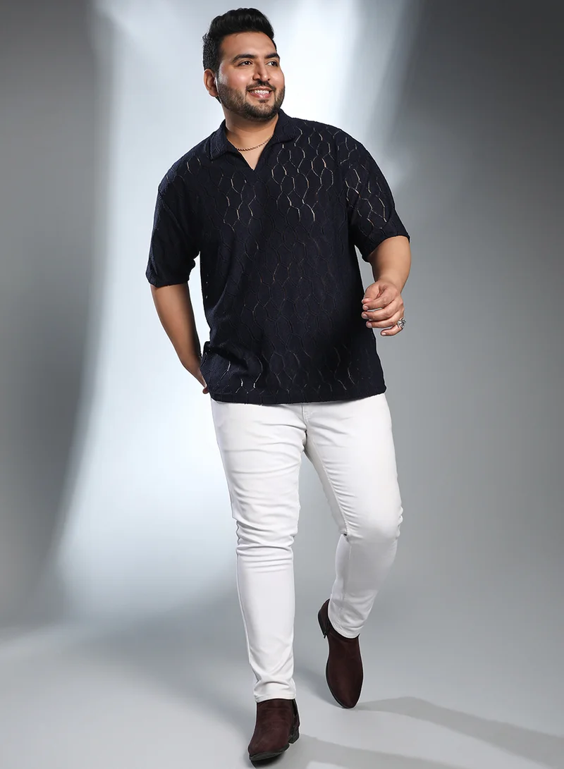Instafab Plus Instafab Plus Men's Navy Blue Honeycomb-Knit Polo T-Shirt For Casual Wear | Polo Neck | Short Regular Sleeves | Pull On Closure | Plus Size T-Shirt Crafted With Comfort Fit For Everyday Wear
