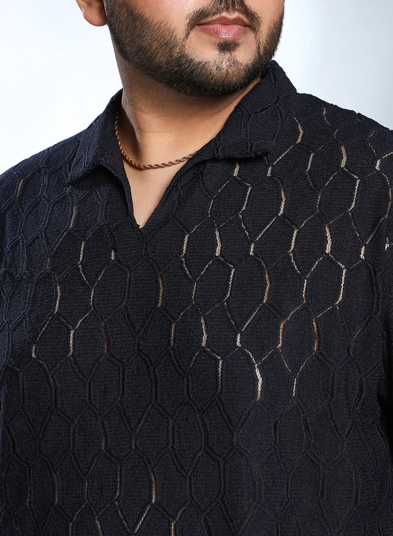 Instafab Plus Instafab Plus Men's Navy Blue Honeycomb-Knit Polo T-Shirt For Casual Wear | Polo Neck | Short Regular Sleeves | Pull On Closure | Plus Size T-Shirt Crafted With Comfort Fit For Everyday Wear