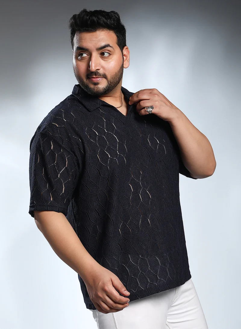Instafab Plus Instafab Plus Men's Navy Blue Honeycomb-Knit Polo T-Shirt For Casual Wear | Polo Neck | Short Regular Sleeves | Pull On Closure | Plus Size T-Shirt Crafted With Comfort Fit For Everyday Wear