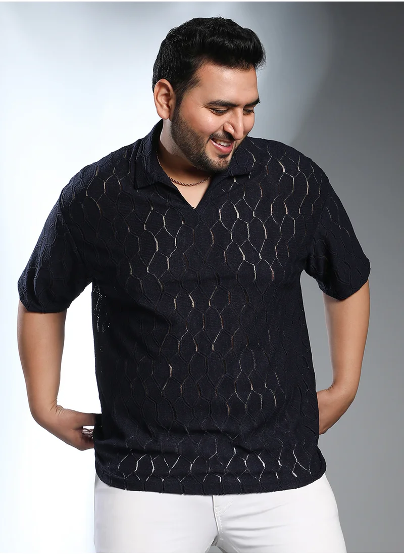 انستافاب بلس Instafab Plus Men's Navy Blue Honeycomb-Knit Polo T-Shirt For Casual Wear | Polo Neck | Short Regular Sleeves | Pull On Closure | Plus Size T-Shirt Crafted With Comfort Fit For Everyday Wear