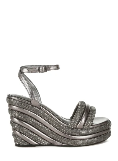 London Rag Rhinestone Studded Wedge Sandals in Pewter