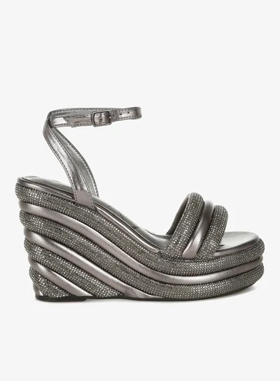 London Rag Rhinestone Studded Wedge Sandals in Pewter
