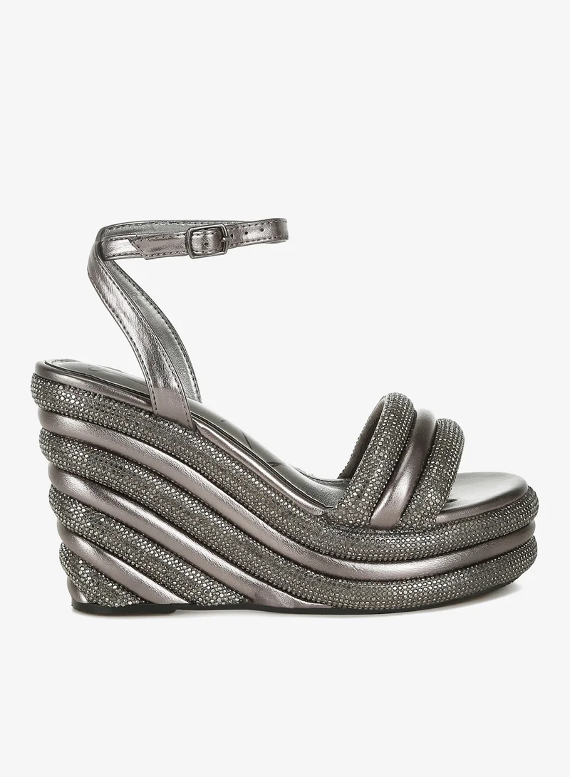 Rhinestone Studded Wedge Sandals in Pewter