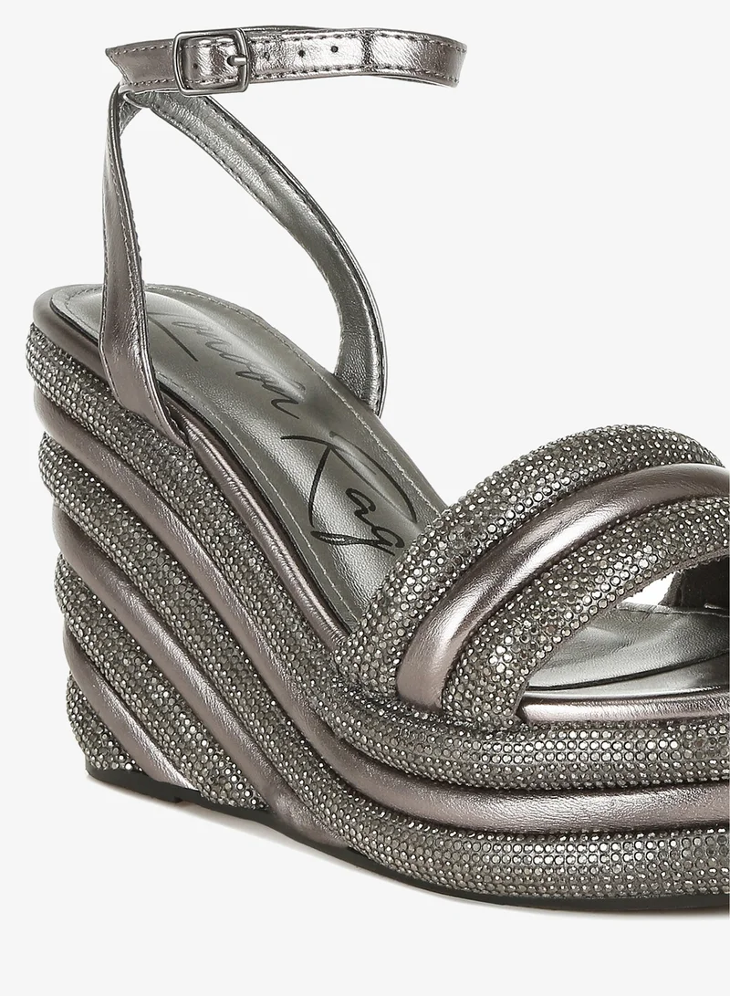 London Rag Rhinestone Studded Wedge Sandals in Pewter