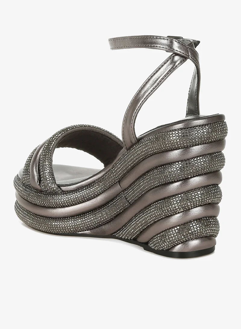 London Rag Rhinestone Studded Wedge Sandals in Pewter