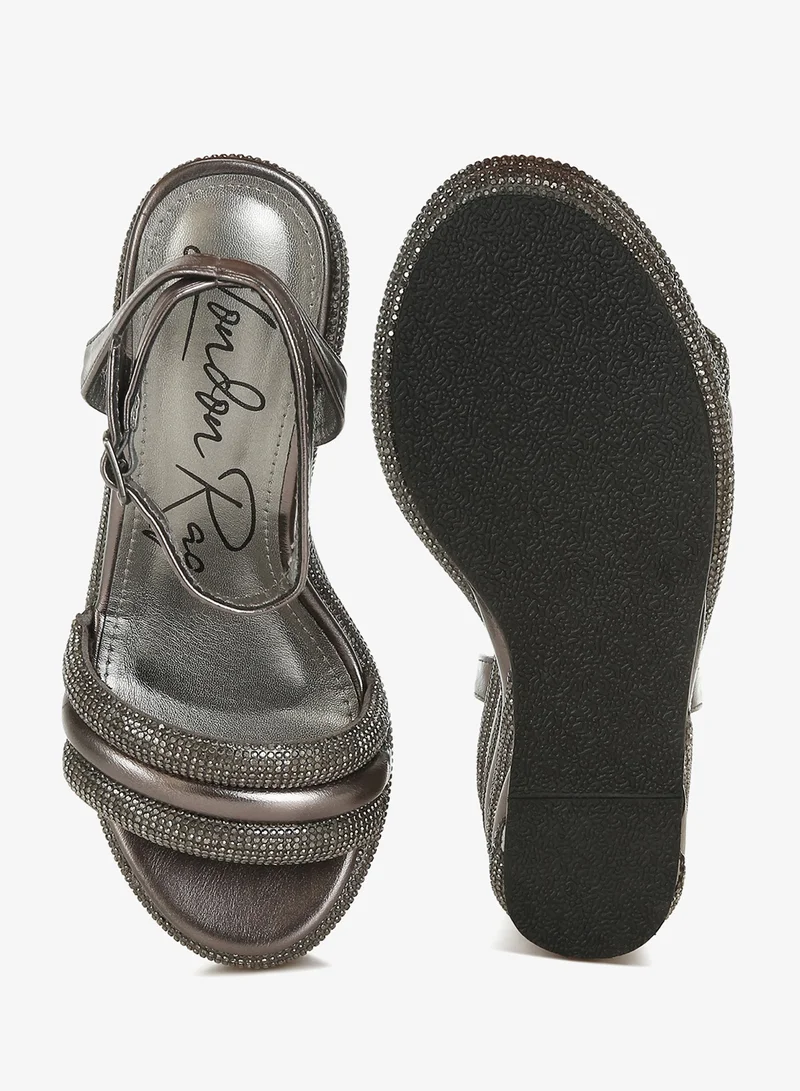 London Rag Rhinestone Studded Wedge Sandals in Pewter