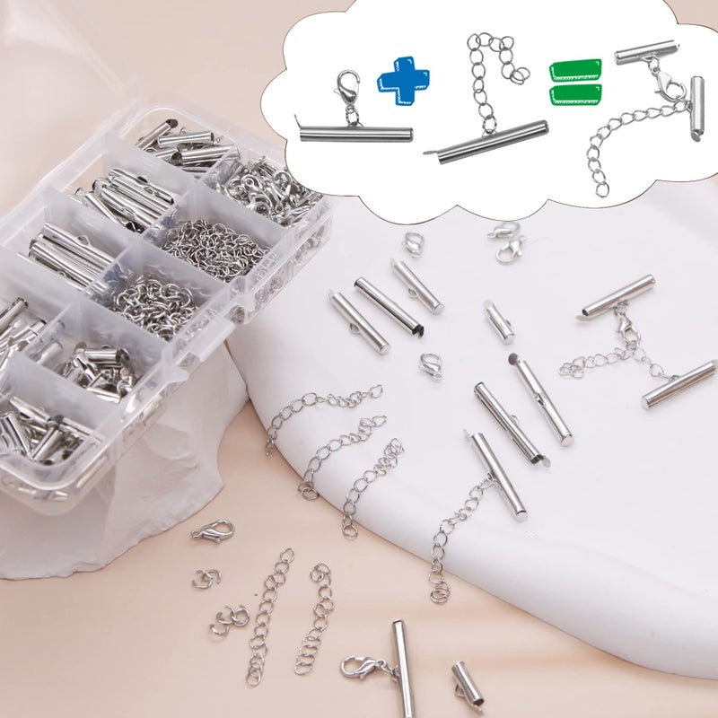 EuTengHao All Size Slider Clasp for Beading Slide Tube Cord Ends with Open Jump Ring Lobster Clasp Chain Extender Jewelry Finding Kit for Beading Necklace Bracelet Jewelry Making (6 Sizes, Silver) - Image 3