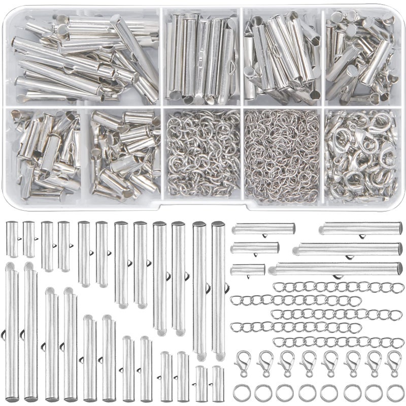 EuTengHao All Size Slider Clasp for Beading Slide Tube Cord Ends with Open Jump Ring Lobster Clasp Chain Extender Jewelry Finding Kit for Beading Necklace Bracelet Jewelry Making (6 Sizes, Silver) - Image 1