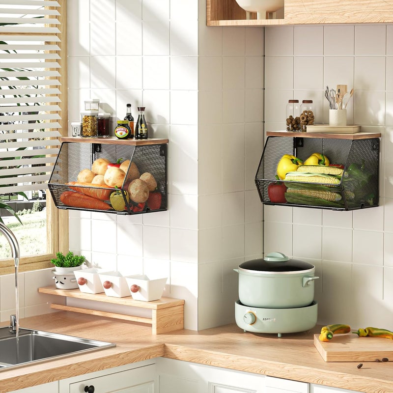 Litwaro Stackable Fruit Basket for Kitchen Countertop Space Saving, Wall Mounted Mesh Metal Wire Basket with Wood Lid Extra Storage, 2 Pack Kitchen Counter Organizer for Snack, Onion and Potato Storage, Black - Image 4