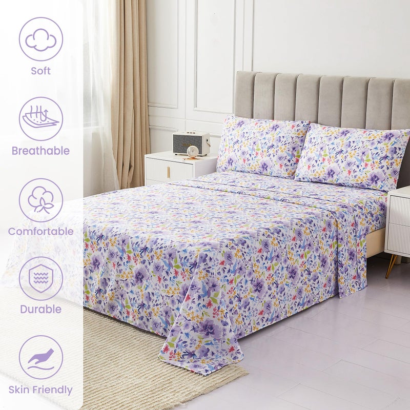 Mooreeke Floral Queen Sheets, Soft Breathable Microfiber Vintage Printed Bed Sheet Set, Deep Pocket Non-Slip Fitted Sheet Included, Purple Flower Pattern - Image 3