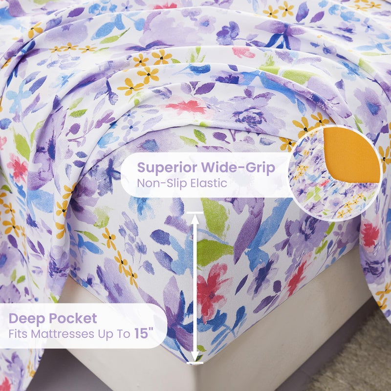Mooreeke Floral Queen Sheets, Soft Breathable Microfiber Vintage Printed Bed Sheet Set, Deep Pocket Non-Slip Fitted Sheet Included, Purple Flower Pattern - Image 4