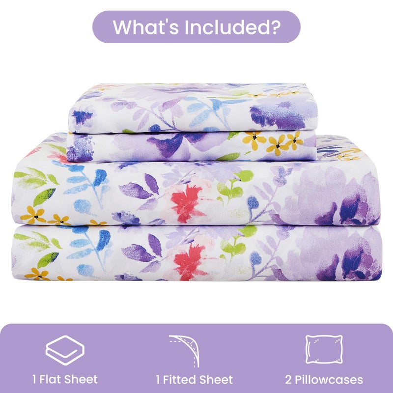 Mooreeke Floral Queen Sheets, Soft Breathable Microfiber Vintage Printed Bed Sheet Set, Deep Pocket Non-Slip Fitted Sheet Included, Purple Flower Pattern - Image 2
