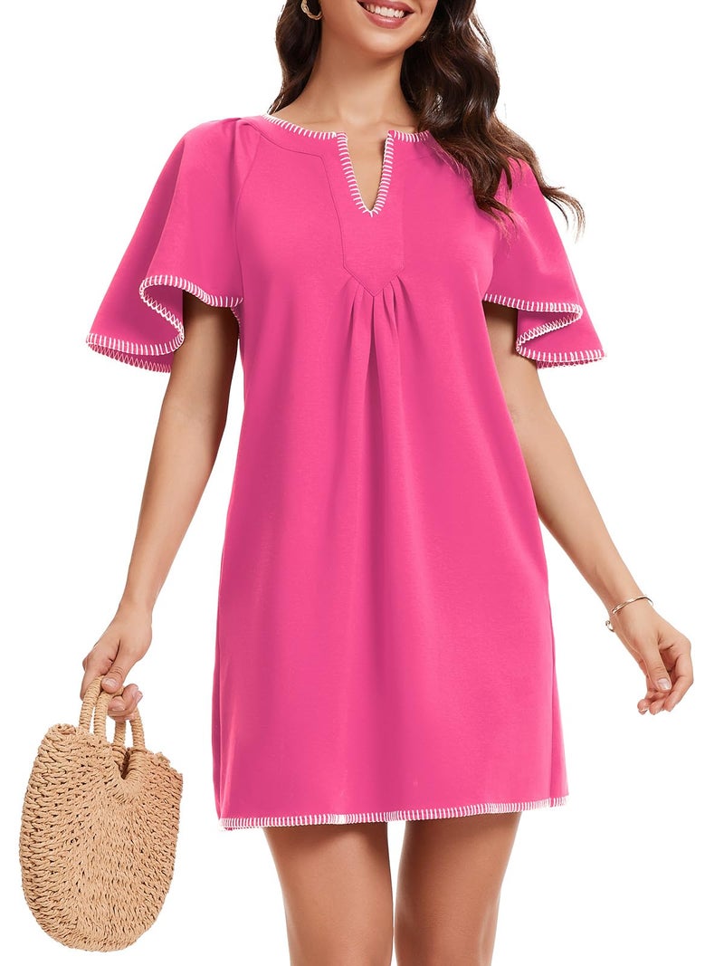 HOULENGS Women's Summer Flutter Short Sleeve A Line Mini Dress Casual Contrast Trim V Neck Short Dress with Pockets Rosered Small - Image 1