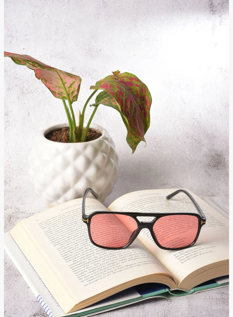 French Accent Men Pink Lens Black Aviator Sunglasses
