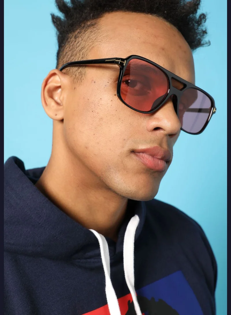 French Accent Men Pink Lens Black Aviator Sunglasses