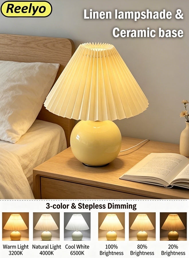 Reelyo Nordic Ceramic Desk Lamp, 3 Color Stepless Dimming Night Light, Vintage Pleated Linen Lampshade Bedside Lamp, USB Powered Soft Glow Mood Lamp for Breastfeeding, Bedroom, Living Room, Hotel, Office Decor (Cream Yellow) - Image 1