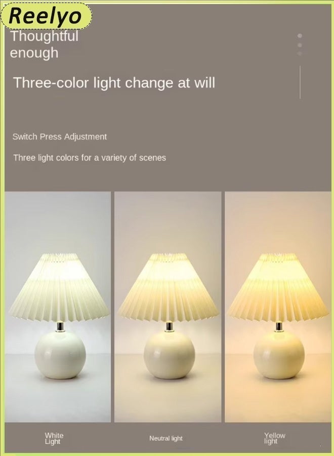 Reelyo Nordic Ceramic Desk Lamp, 3 Color Stepless Dimming Night Light, Vintage Pleated Linen Lampshade Bedside Lamp, USB Powered Soft Glow Mood Lamp for Breastfeeding, Bedroom, Living Room, Hotel, Office Decor (Cream Yellow) - Image 4