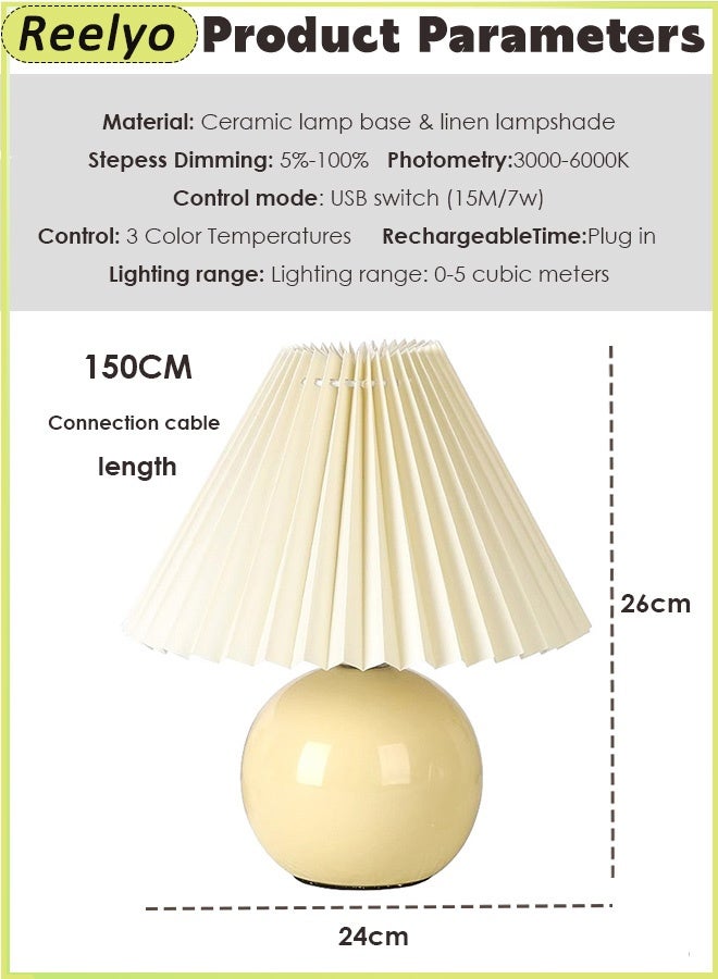 Reelyo Nordic Ceramic Desk Lamp, 3 Color Stepless Dimming Night Light, Vintage Pleated Linen Lampshade Bedside Lamp, USB Powered Soft Glow Mood Lamp for Breastfeeding, Bedroom, Living Room, Hotel, Office Decor (Cream Yellow) - Image 2