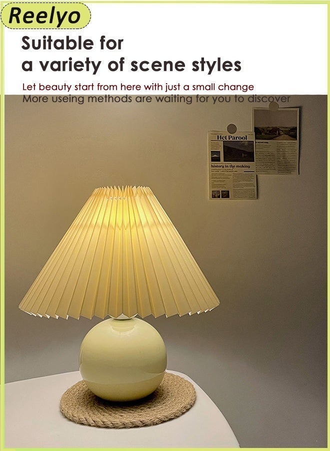 Reelyo Nordic Ceramic Desk Lamp, 3 Color Stepless Dimming Night Light, Vintage Pleated Linen Lampshade Bedside Lamp, USB Powered Soft Glow Mood Lamp for Breastfeeding, Bedroom, Living Room, Hotel, Office Decor (Cream Yellow) - Image 5