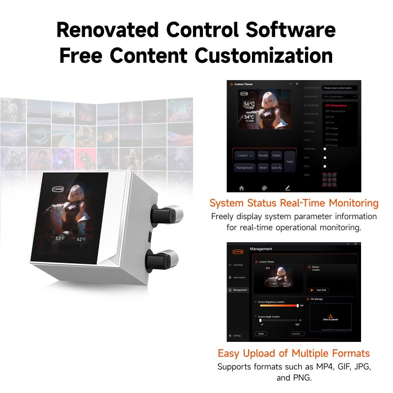 PCCOOLER CPU Cooler, 360mm AIO Liquid Cooling, High-Performance Pump, 2.4â€ IPS Display, CPS ARGB Water Cooling with Quiet F5 R120 Fans(DC360 White) - Image 4